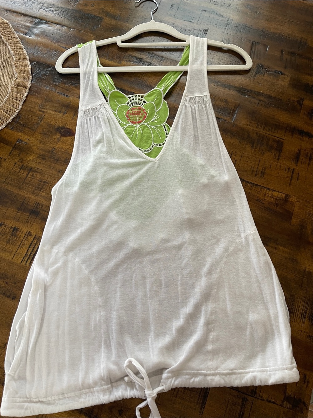 Free people White Sleeveless Drawstring Tank with Green Lace Back